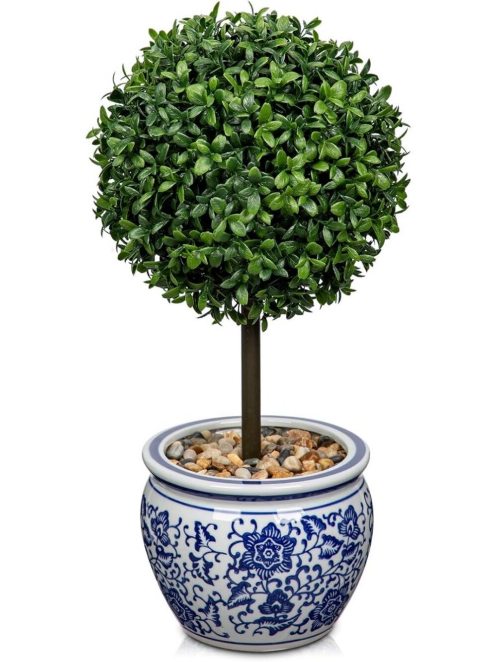 16-Inch Artificial Boxwood Ball in Blue & White Ceramic Pot - Decorative Indoor